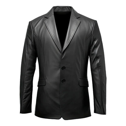 Black Notched-Collar Casual Genuine Sheepskin Leather Blazer for Women