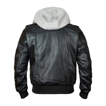 Bomber Removable Hooded Sheepskin Leather Jacket for Men