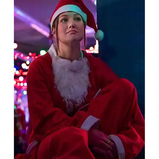 Olivia Holt Jingle Bell Heist Red Santa Velvet Coat