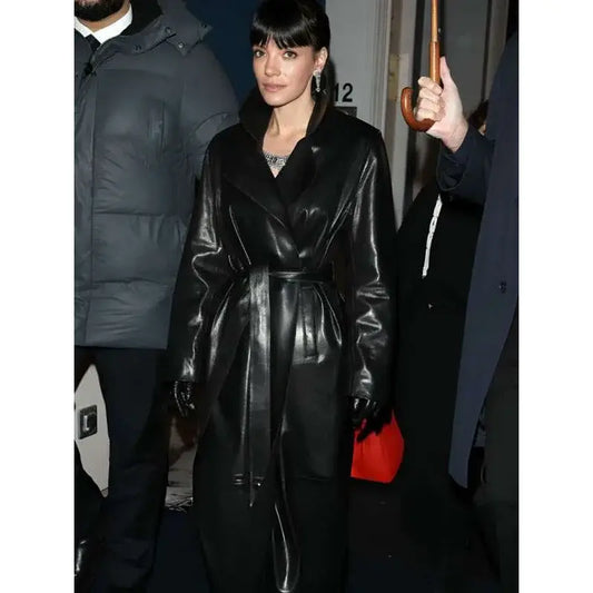 PFW 2026 Lily Allen Black Leather Coat