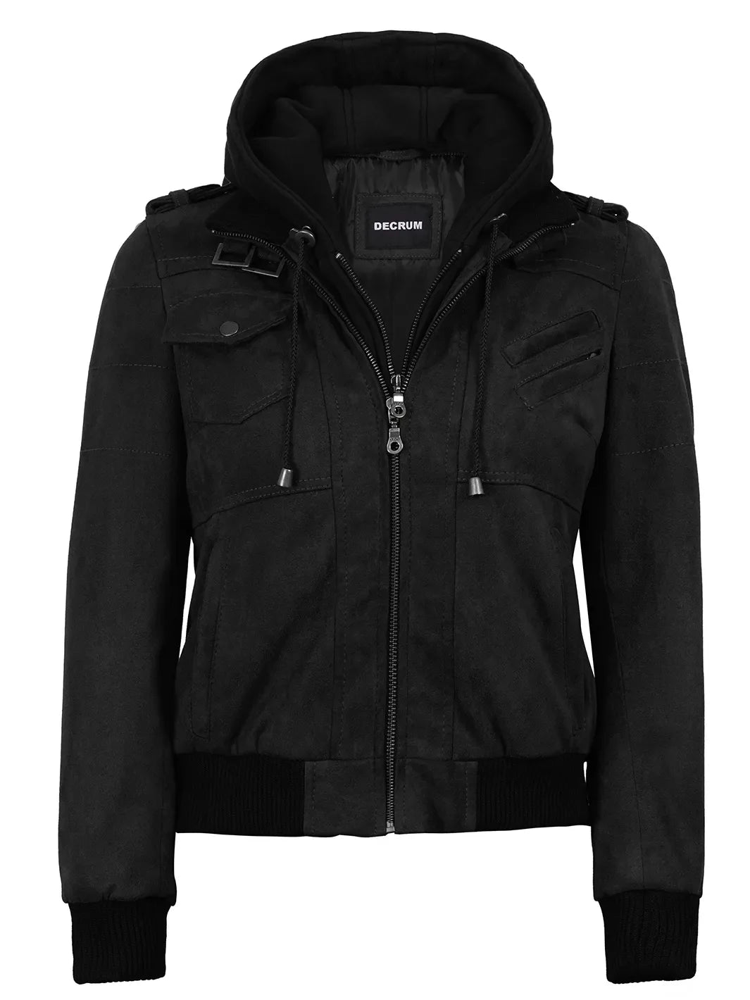Women's Black Faux Suede Hooded Bomber Jacket
