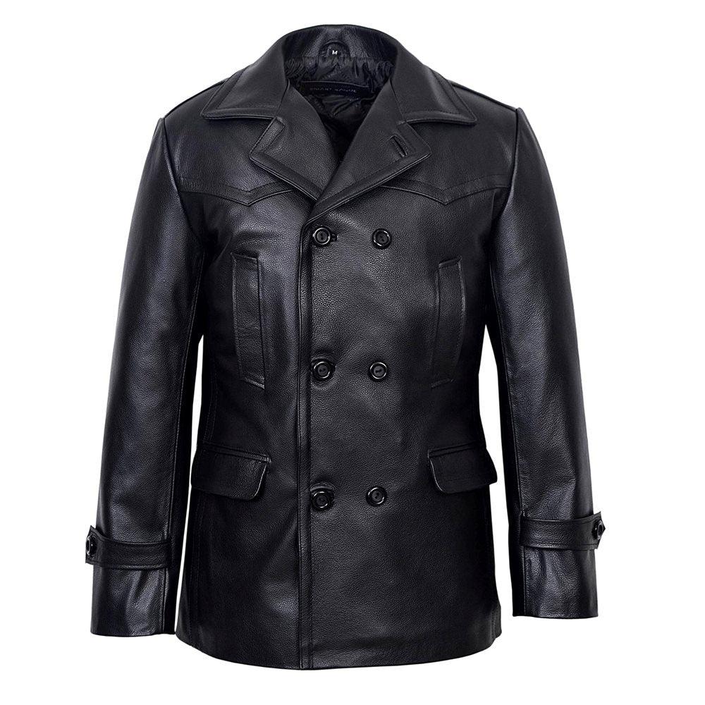 Vintage Black German Classic WW2 Officer Lambskin Leather Coat For Men