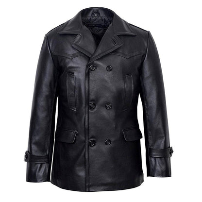 Vintage Black German Classic WW2 Officer Lambskin Leather Coat For Men