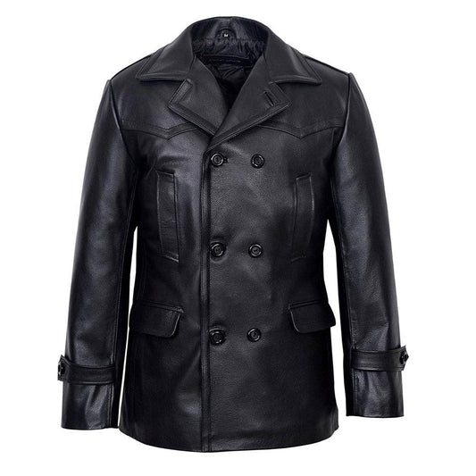 Vintage Black German Classic WW2 Officer Lambskin Leather Coat For Men
