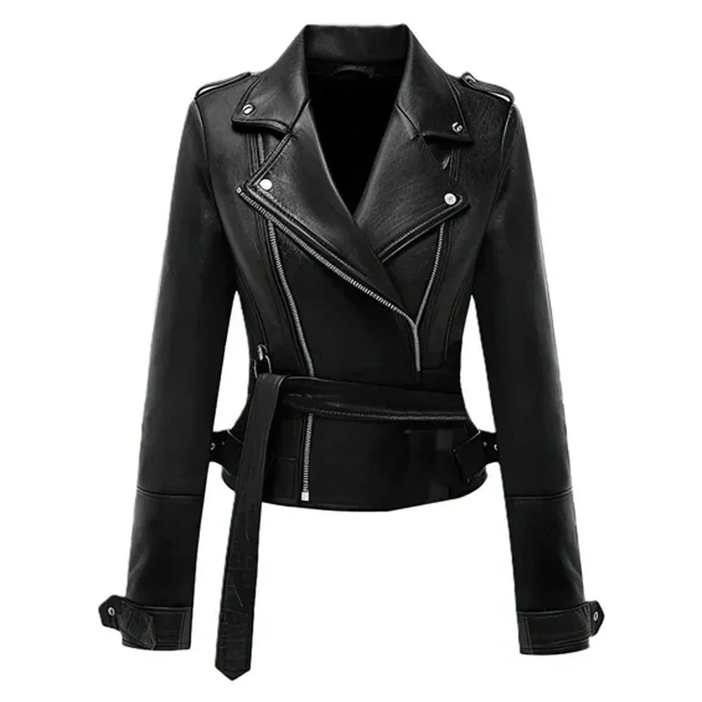 Premium Asymmetrical Brando Black Sheepskin Biker Leather Jacket for Women