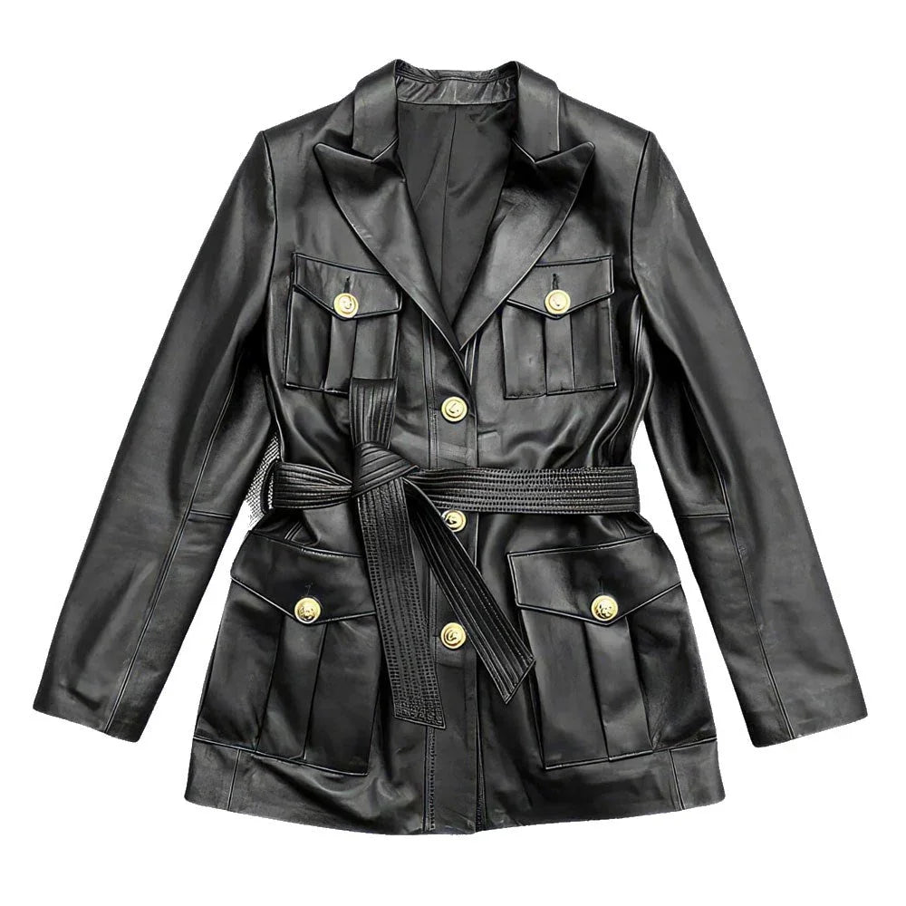 Solid Black Safari Belted Premium Sheepskin Leather Coat for Women