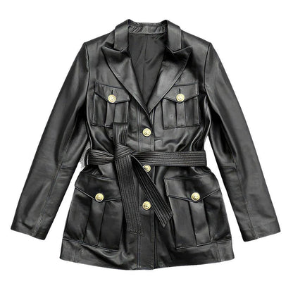 Solid Black Safari Belted Premium Sheepskin Leather Coat for Women