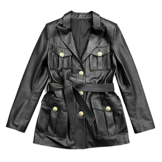 Solid Black Safari Belted Premium Sheepskin Leather Coat for Women