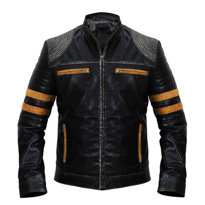 Men's Vintage Distressed Black Leather Biker Jacket with Quilted Shoulders and Stripes