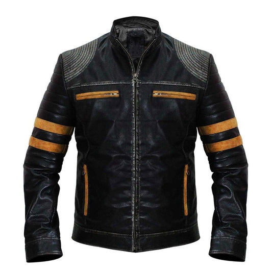 Men's Vintage Distressed Black Leather Biker Jacket with Quilted Shoulders and Stripes