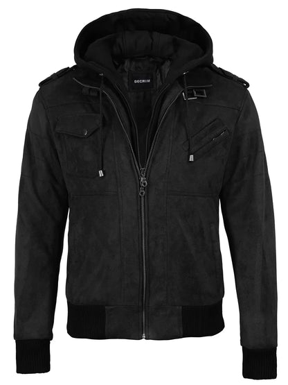 Men's Black Faux Suede Hooded Bomber Jacket