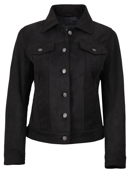 Women's Black Faux Suede Trucker Jacket