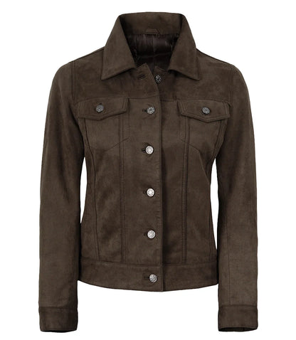 Women's Dark Brown Faux Suede Trucker Jacket