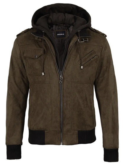 Men's Dark Brown Faux Suede Hooded Bomber Jacket