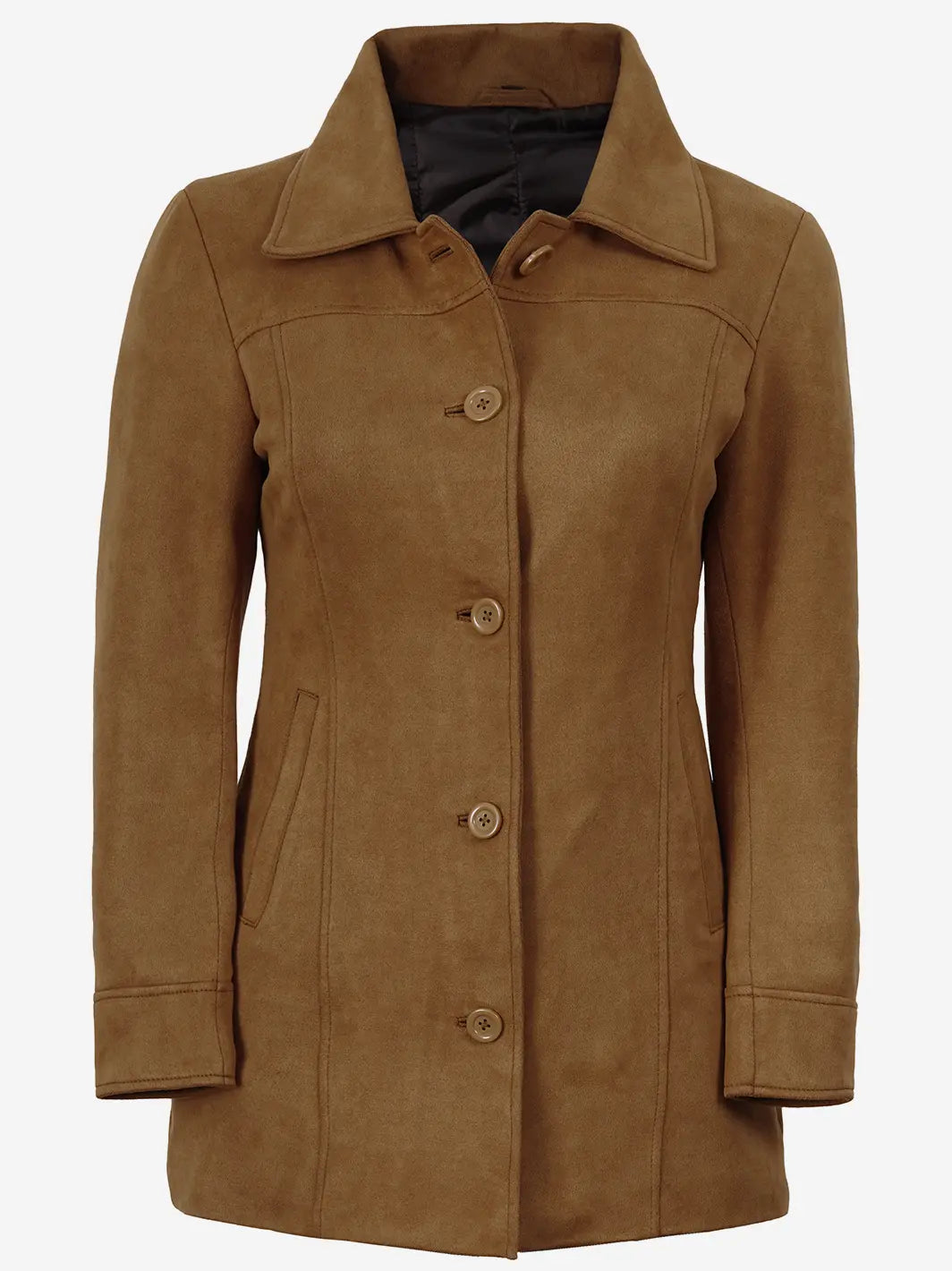 Women's 3/4 Length Light Brown Faux Suede Coat — Button Front