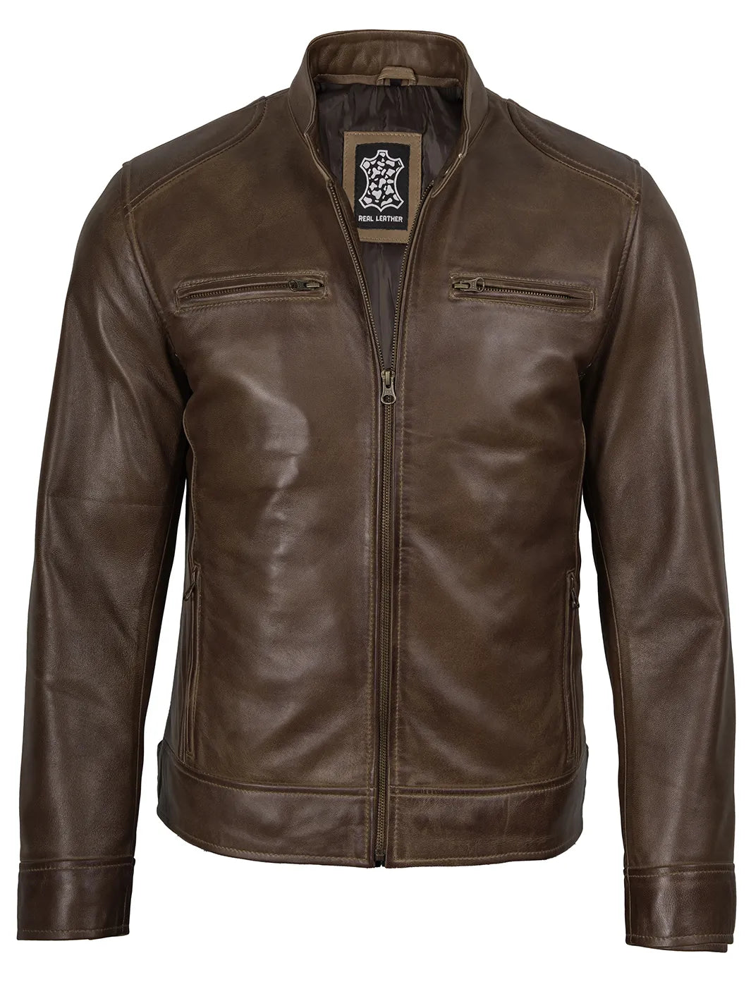 Men's Coffee Brown Waxed Lambskin Cafe Racer Jacket