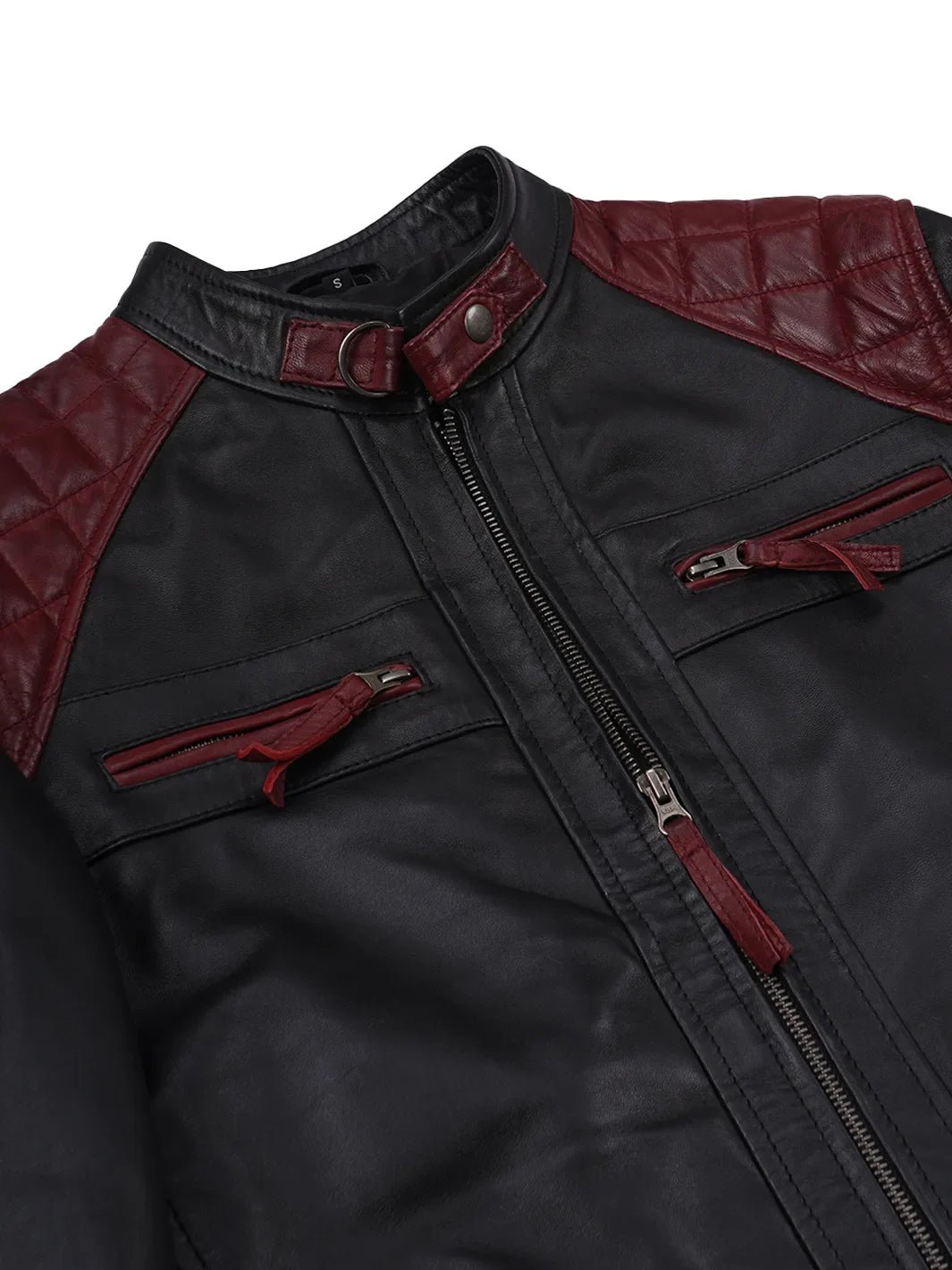 Men's Black and Burgundy Quilted Leather Cafe Racer Jacket