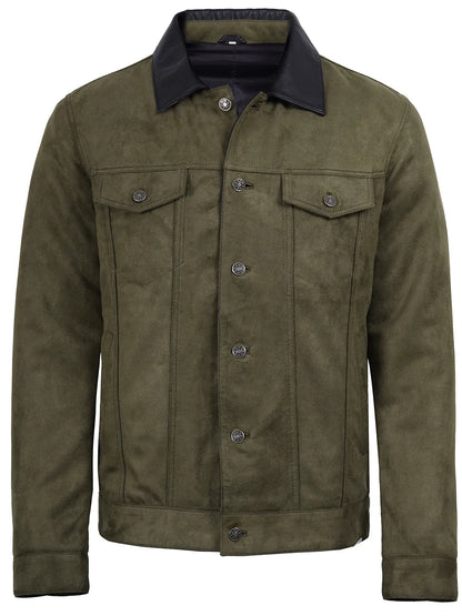 Men's Olive Green Faux Suede Trucker Jacket