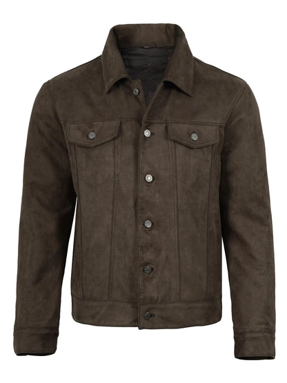Men's Dark Brown Faux Suede Trucker Jacket
