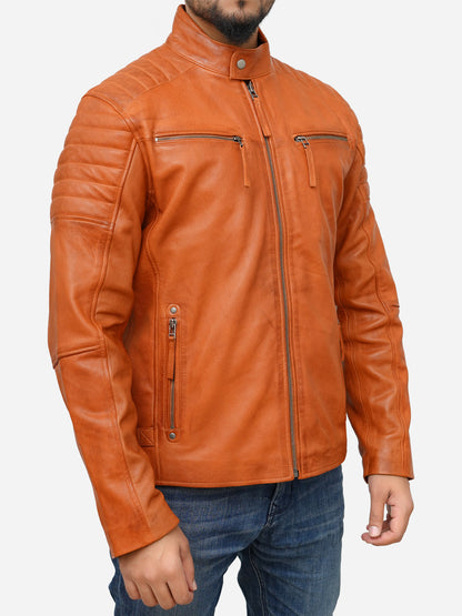 Men's Tan Brown Cafe Racer Leather Jacket Max Jackets