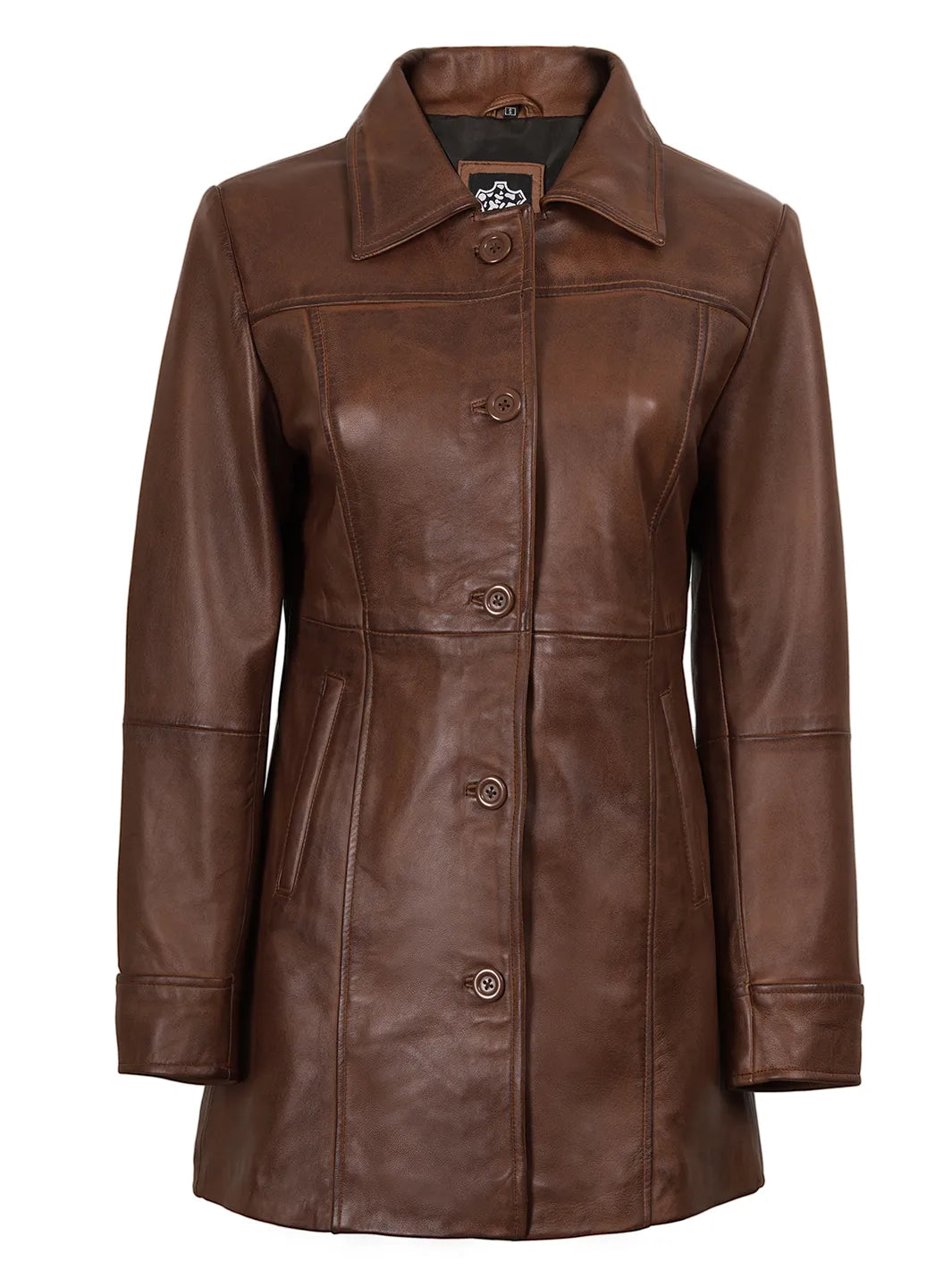 Kandis Women's Cognac Brown Leather Car Coat
