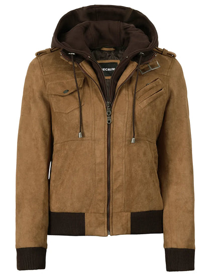Women's Light Brown Faux Suede Hooded Bomber Jacket