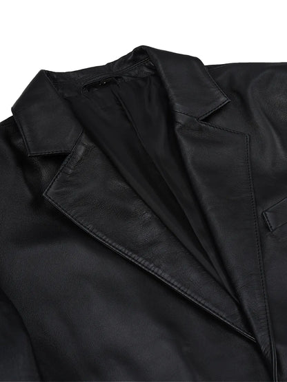 Men's Black Lambskin Leather Blazer with Two-Button Front