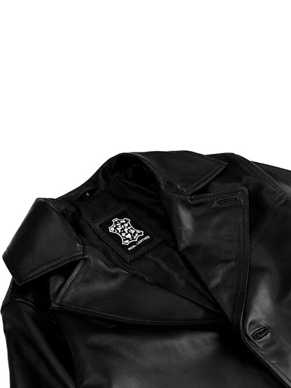 Men's Black 3/4 Length Real Leather Car Coat