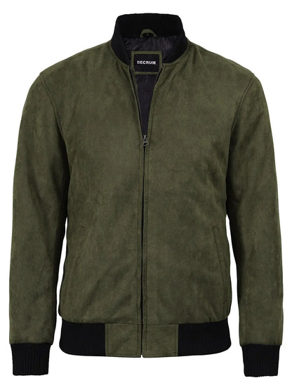 Men's Olive Green Faux Suede Bomber Jacket