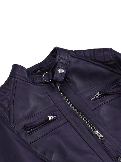 Johnson Women's Purple Quilted Cafe Racer Style Leather Jacket