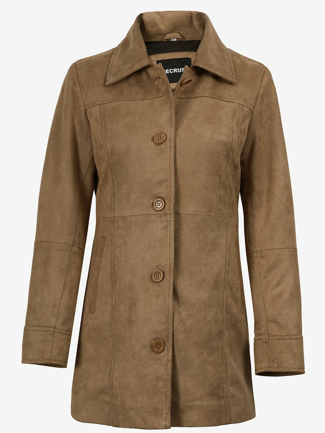 Women's 3/4 Length Camel Brown Faux Suede Coat — Button Front