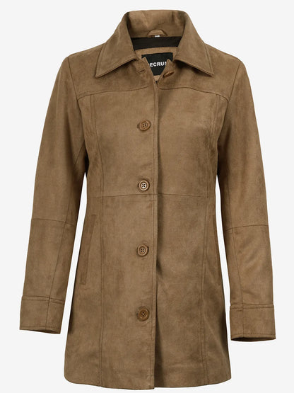 Women's 3/4 Length Camel Brown Faux Suede Coat — Button Front