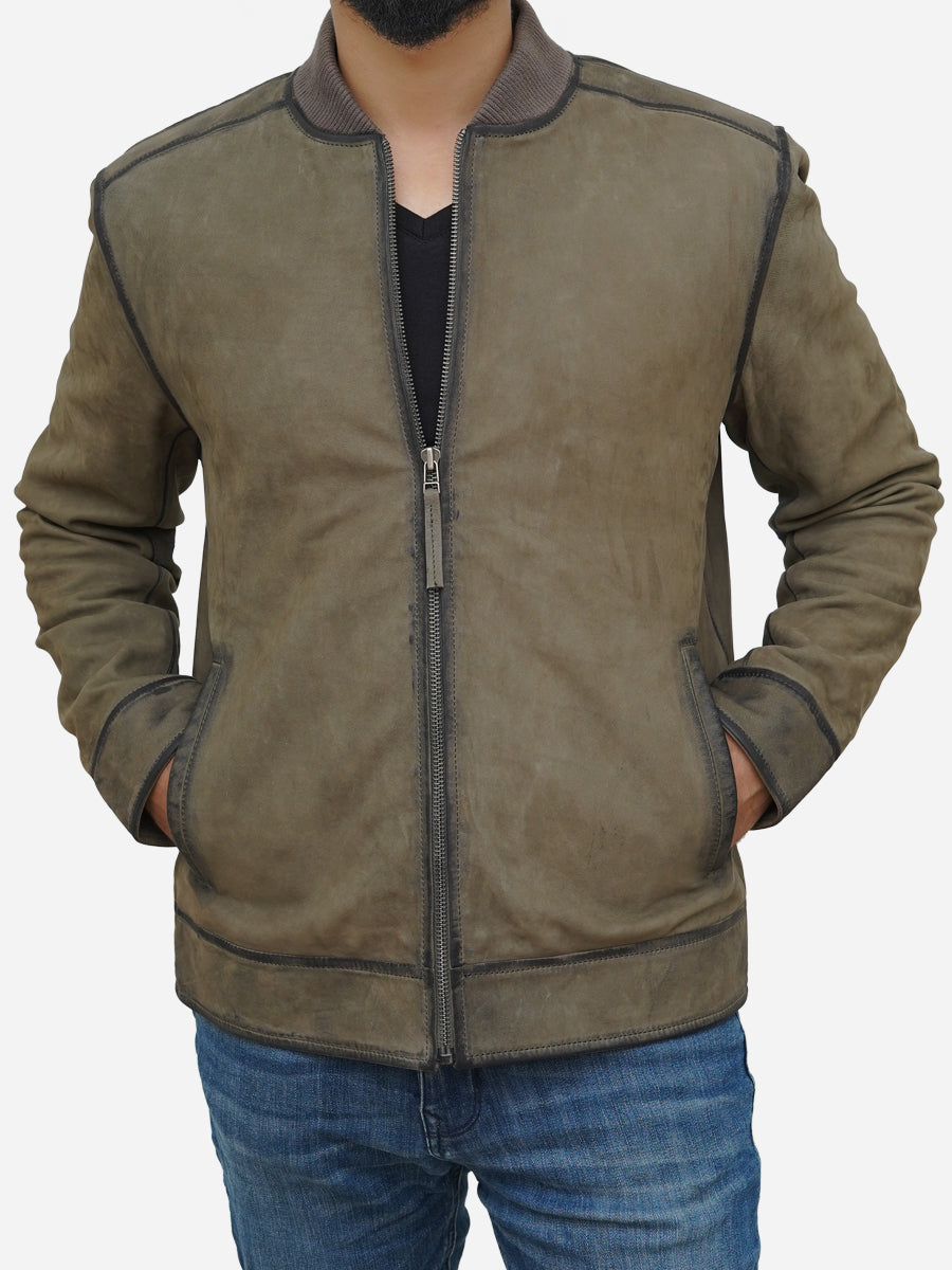 Men's Olive Green Suede Leather Bomber Jacket Max Jackets