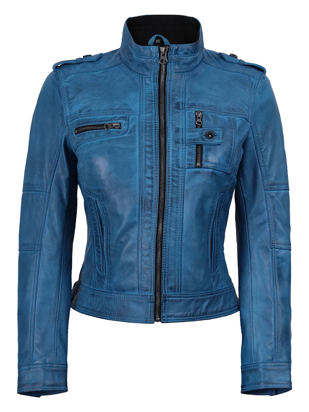Tavares Womens Vivid Blue Biker Style Leather Jacket