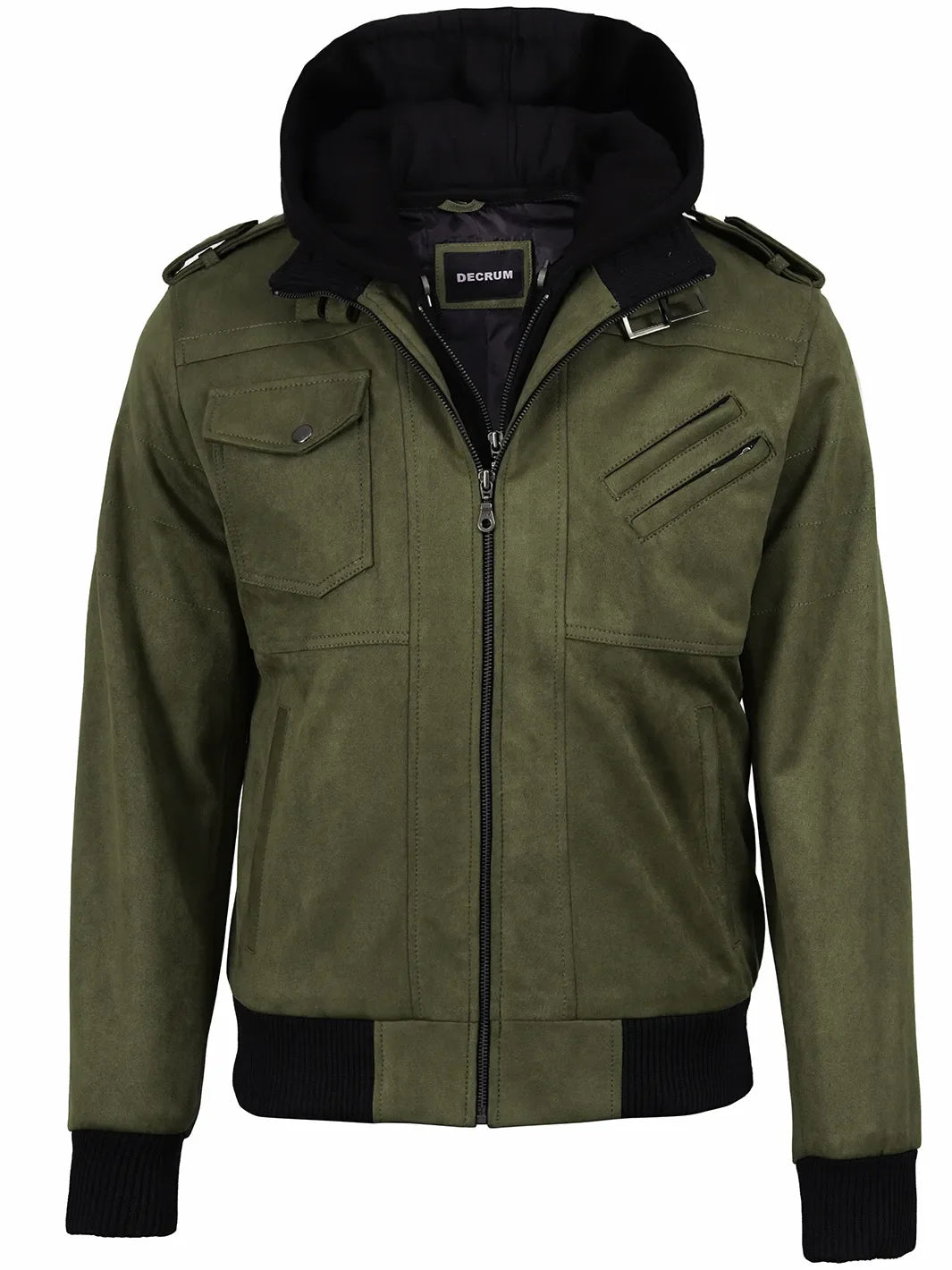 Men's Olive Green Faux Suede Hooded Bomber Jacket