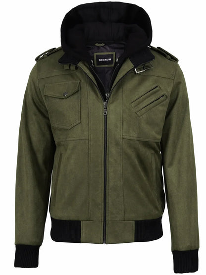 Men's Olive Green Faux Suede Hooded Bomber Jacket