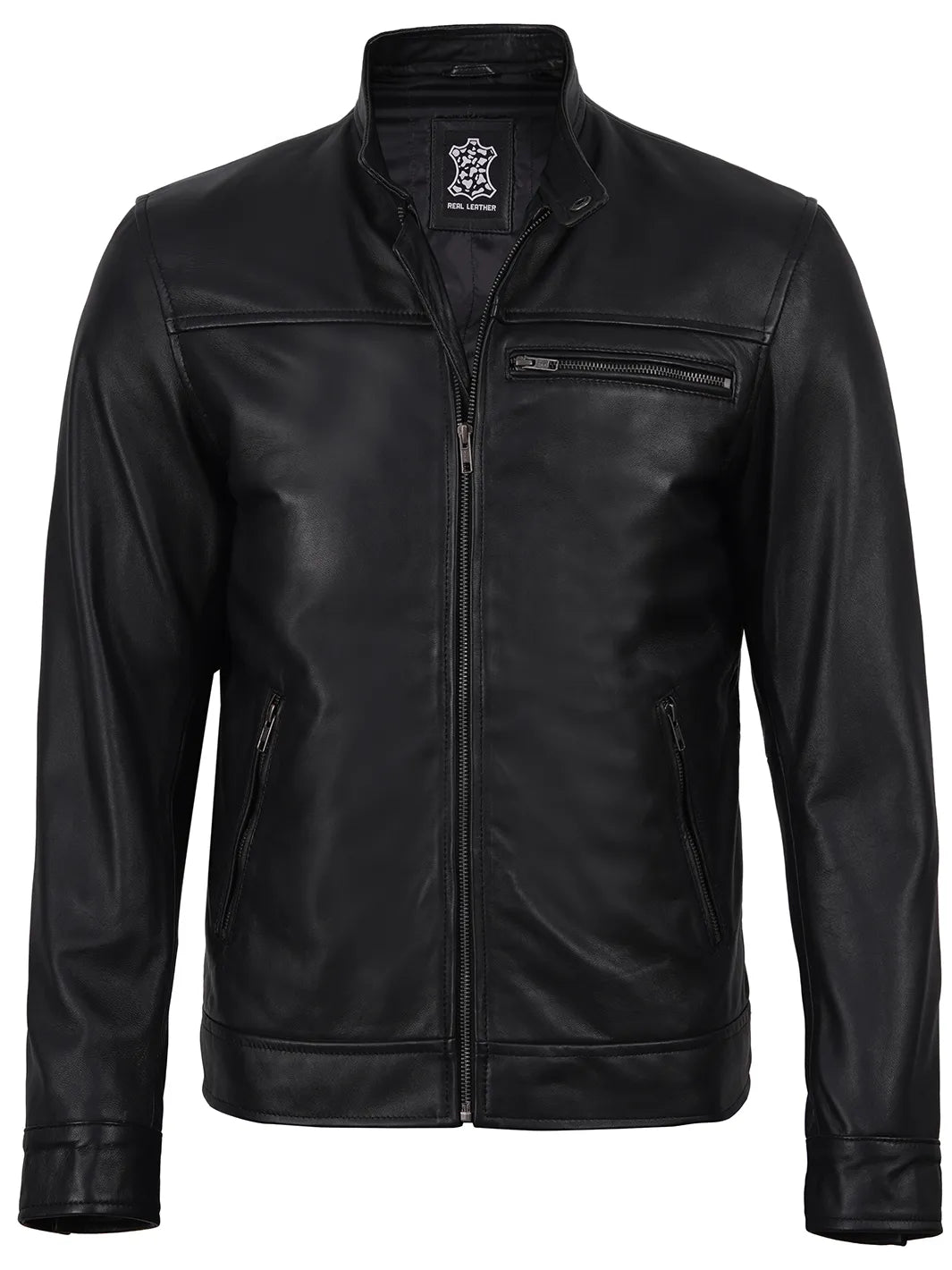Bickford Mens Black Cafe Racer Style Real Leather Jacket