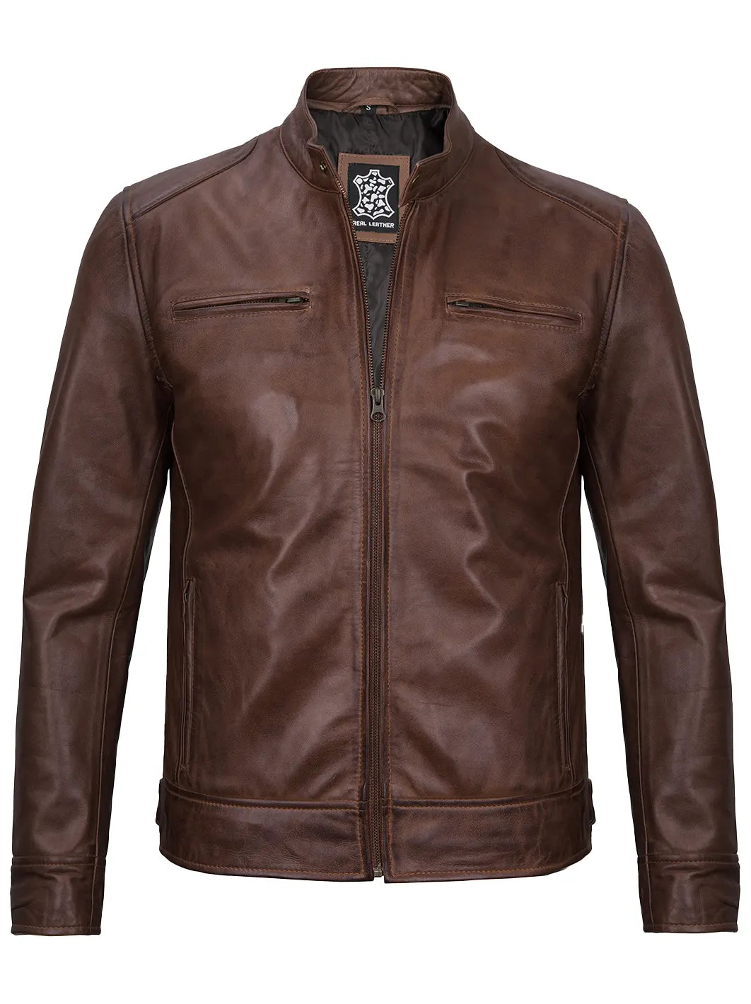 Dodge Men's Cognac Brown Leather Cafe Racer Jacket