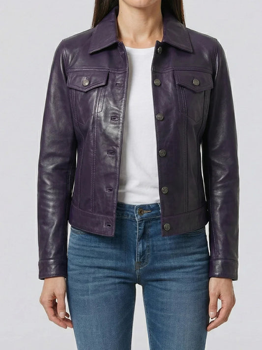 Women's Purple Leather Trucker Jacket