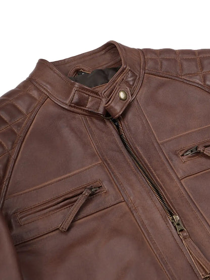 Men's Cognac Brown Quilted Leather Cafe Racer Jacket