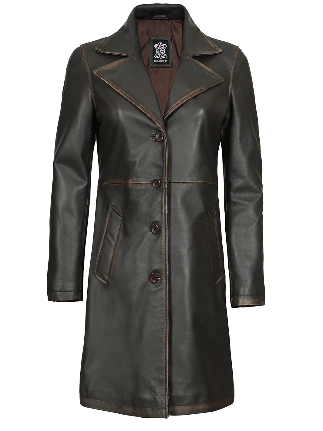 Women's Long Rub-Off Brown Lambskin Leather Coat