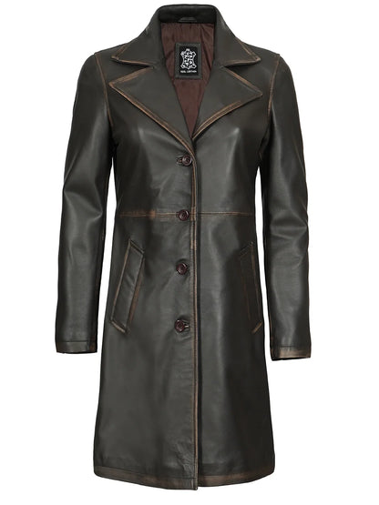 Women's Long Rub-Off Brown Lambskin Leather Coat