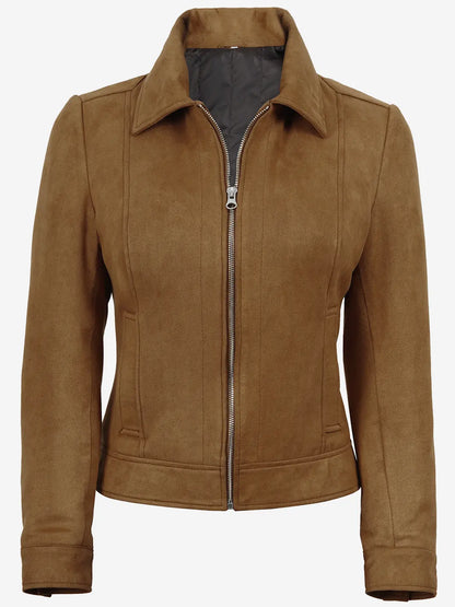 Women's Light Brown Faux Suede Harrington Jacket