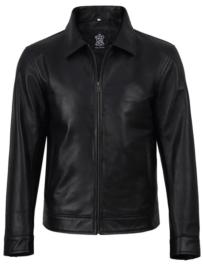Men's Black Harrington Leather Jacket | Shirt Style Collar