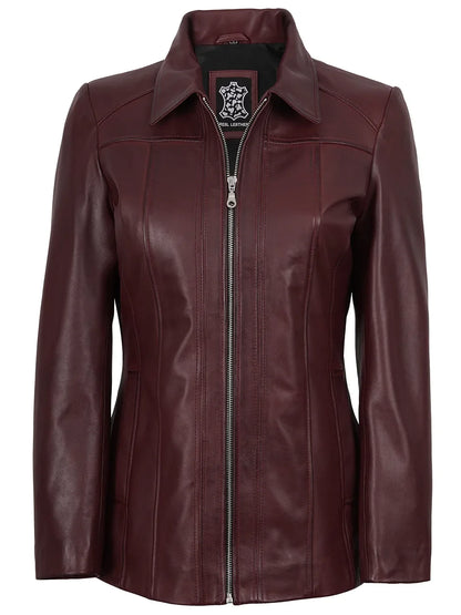 Marsha Women's Real Leather Burgundy Car Coat