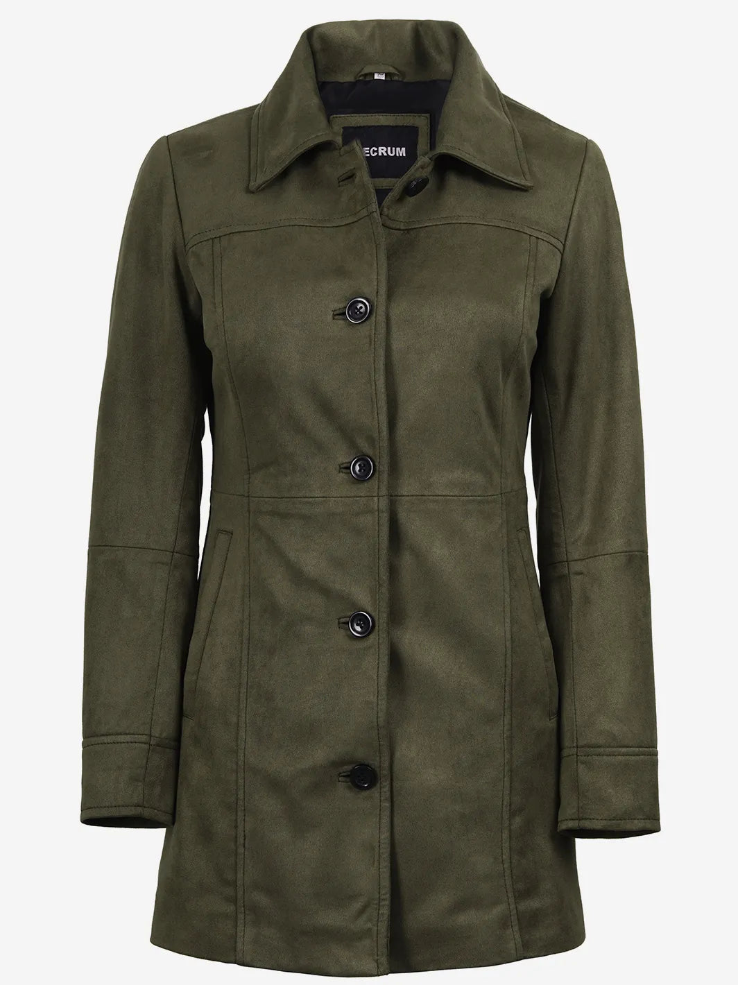 Women's 3/4 Length Olive Green Faux Suede Coat — Button Front