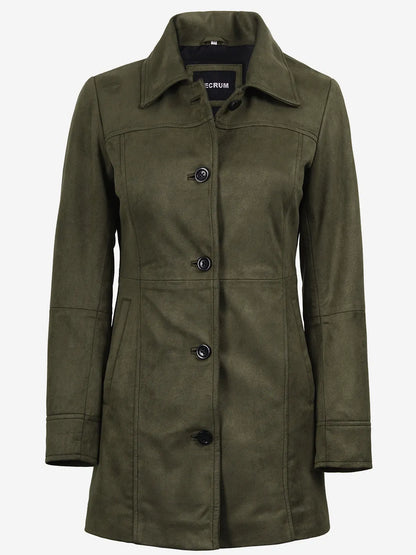 Women's 3/4 Length Olive Green Faux Suede Coat — Button Front