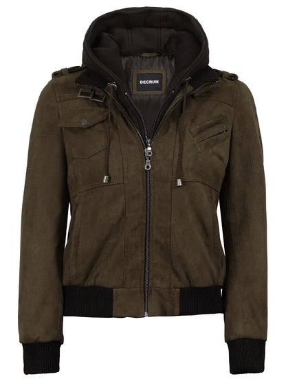 Women's Dark Brown Faux Suede Hooded Bomber Jacket