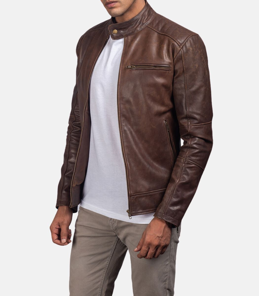 Men’s Brown Leather Jacket With Band Collar Max Jackets