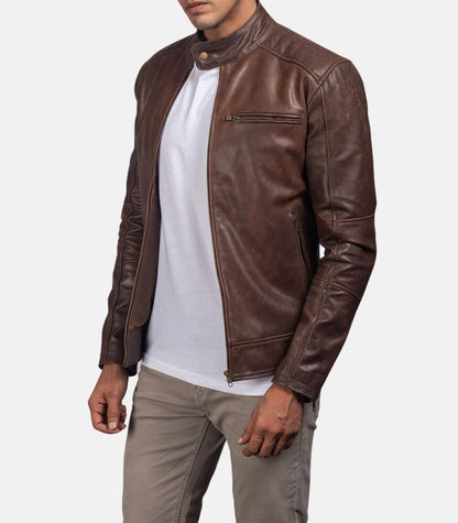 Men’s Brown Leather Jacket With Band Collar Max Jackets